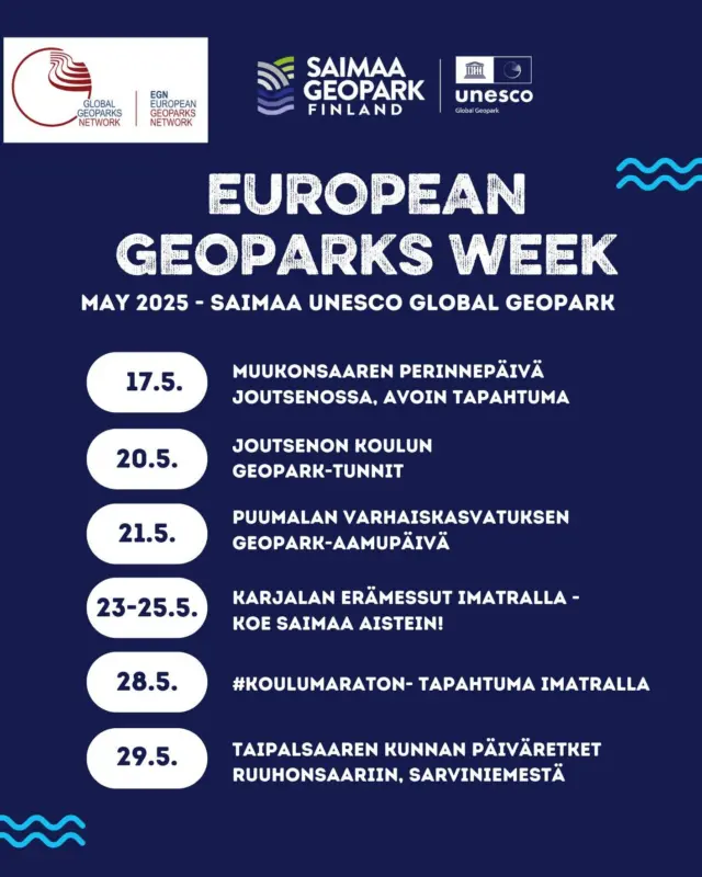 Saimaa Geopark 🔹 European Geopark Week -program 2025 

Toukokuun lopulta-kesäkuun alkuun vietetään ympäri Euroopan Geoparkeja EGN Week -tapahtumia ja Saimaa Geopark on myös osaltaan mukana toiminnassa🌿🙂

//

At the end of May-to the beginning of June, EGN Week -events will be held across the European Geoparks, and Saimaa Geopark will also be participating with its own program 🌿🙂

#finlandgeoparks  #saimaageopark #UNESCOGlobalGeoparks #unescoglobalgeopark #UNESCOGlobalGeoparksNetwork #europeangeoparksnetwork #egnweek2025 #europeangeoparksweek #lakesaimaa